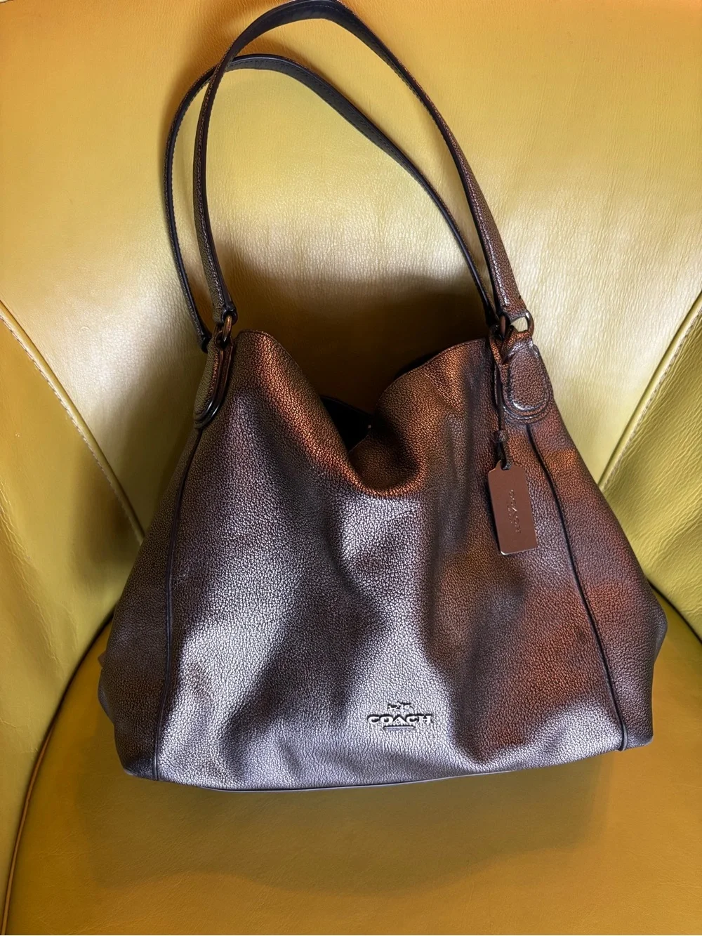 Coach Edie 31 Metallic Gunmetal Pebble Leather Shoulder Bag Hobo Tote